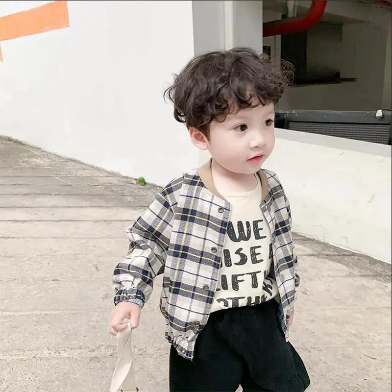 

Spring Autumn Children Clothes 1-7Years Boys' Coat 2021 New Round Neck Cartoon Cotton On Both Sides Lattice Jacket For Boys Tops