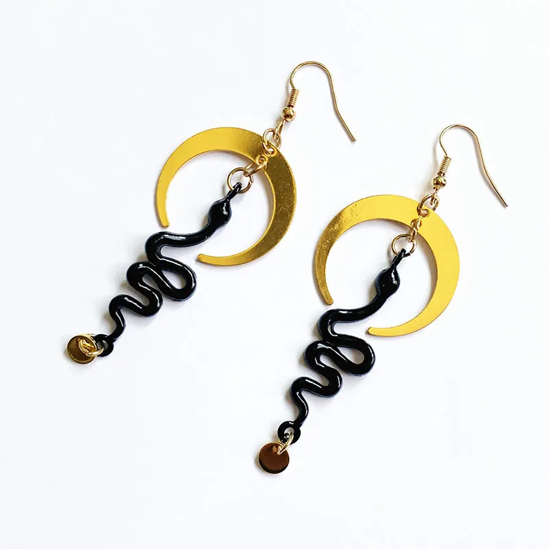 

1 Pair Snake Earrings, Crescent Moon Celestial Serpent Dangle Earrings, Handmade Jewelry, Gift