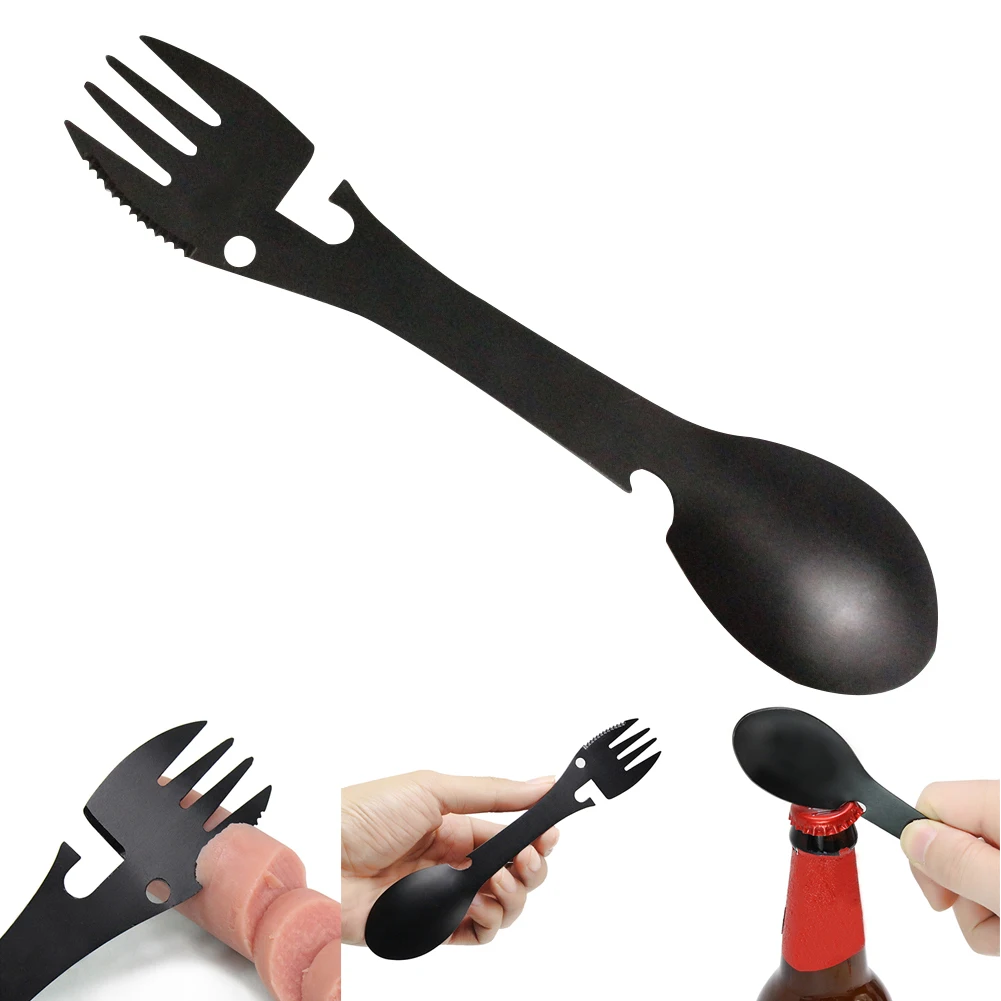 

5 in 1 Multi-Functional Stainless Steel Camping Hiking Survival EDC Tool Fork Knife Spoon Bottle/Can Opener Outdoor Gadget