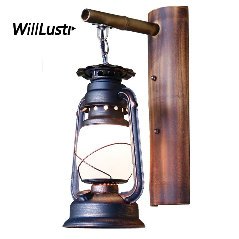 

Retro Metal Wall Lamp Nostalgic Barn Lantern Bamboo Glass Sconce Bar Cafe Corridor Stairway Parlor Balcony Loft Antique Lighting