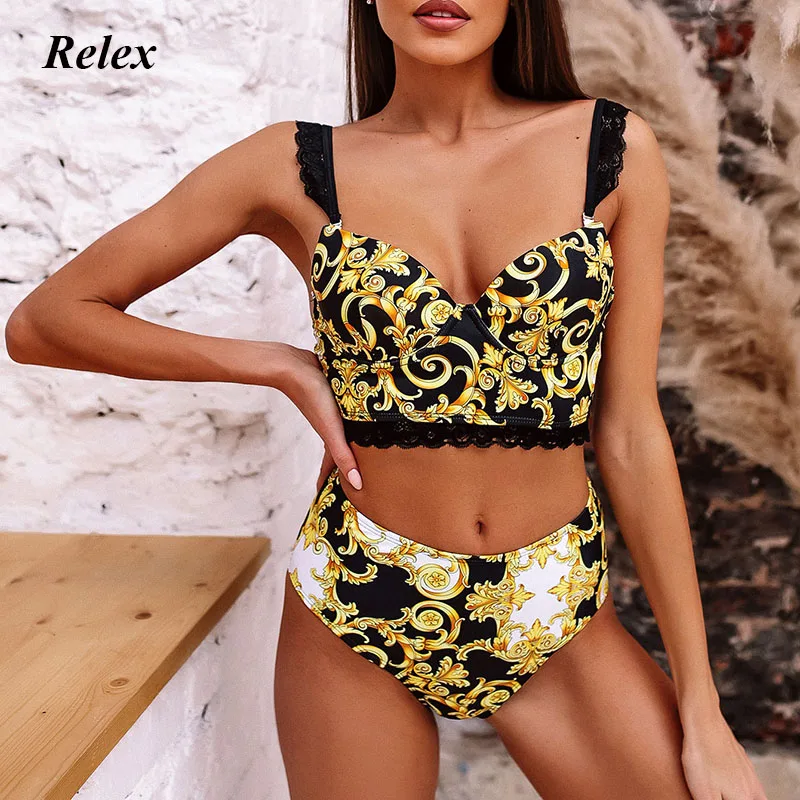 

2021 New Sexy Totem Printed Bikini Set High Waist Swimwear Women Two Pcs Lace Straps Swimsuit Female Bathing Suit Print Biquini