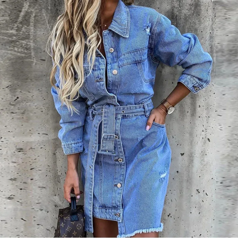 

FAKUNTN Denim Dress Women Spring Single Breasted Slim Fit With Belt Pocket Long-Sleeve Dresses For Women Vintage Dress 2021