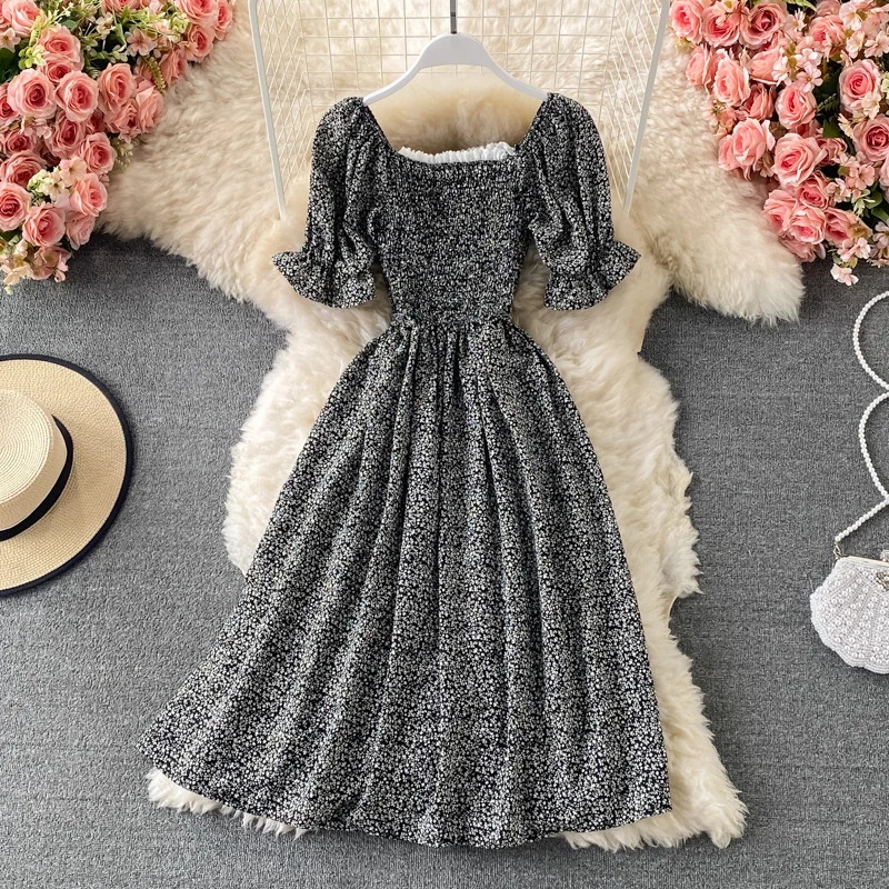 

Aibeautyer New Summer Vintage Floral Print Dress A Line Puff Sleeve High Waist Mid-Calf Elegant Women Dresses