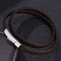 vintage brown multilayer braided leather bracelet for men women jewelry stainless steel clasp bangle trendy wristband gift pd741