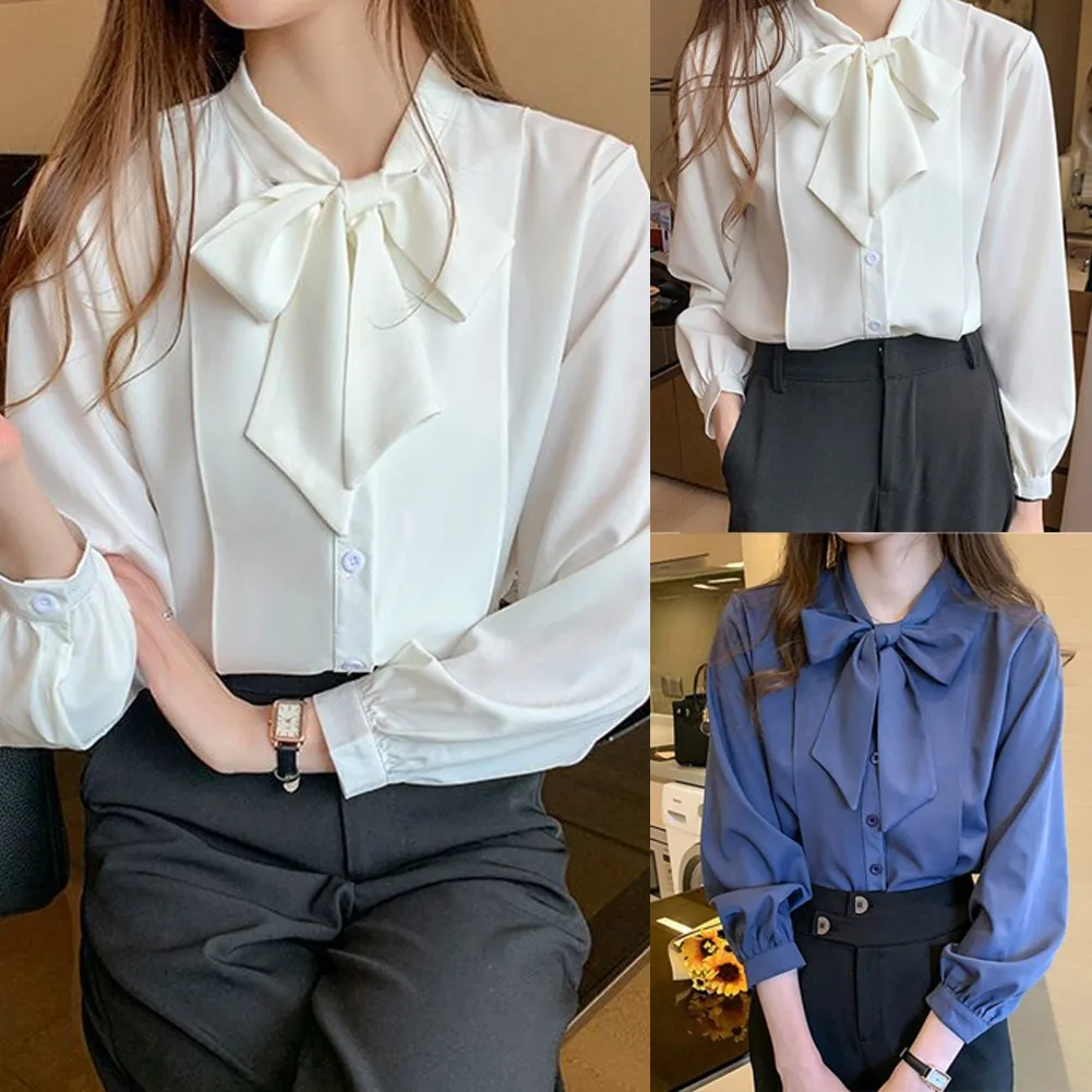 

New Bow Blouse Office Lady Long Sleeve Autumn Tops Women Vintage Office Long Sleeve Chiffon Shirt Pocket Womens Shirts Hot Sale
