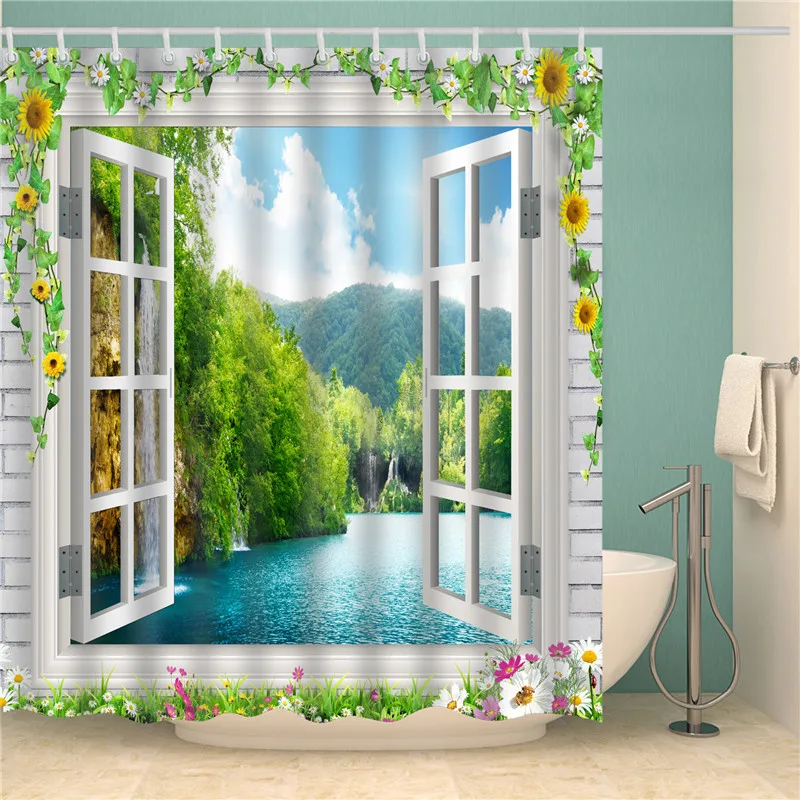 

3D Printing Forest Shower Curtain Waterproof Green Plant Tree Landscape Bath Screen Bathroom Curtain With Hooks