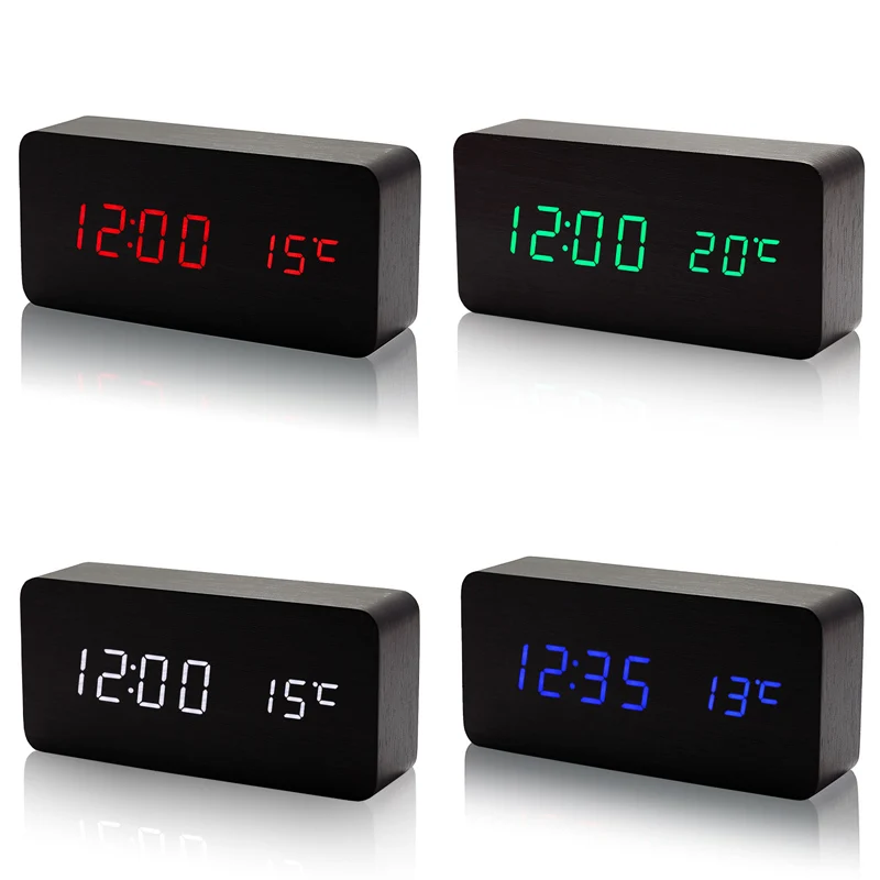 

Wooden LED Alarm Clock with Temperature Sounds Control Calendar LED Display Electronic Desktop Digital Table Clocks FBE3