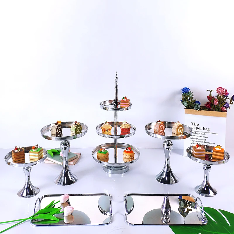 

4-7 Pcs Silver Electroplate Cake Stand Set acrylic Mirror Metal Cupcake Display Wedding Birthday Party Dessert Plate Rack
