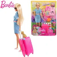 original barbie travel doll toys girls birthday gift childrens toy with 10 accessories fwv25