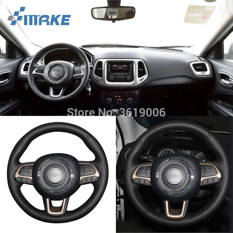 

For Jeep Compass 2017 High Quality Hand-stitched Anti-Slip Black Leather Black Thread DIY Steering Wheel Cover