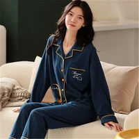 fdfklak new pijamas women fashion lapel long sleeve tops pant two piece set spring fall sleepwear cotton pajamas home suit