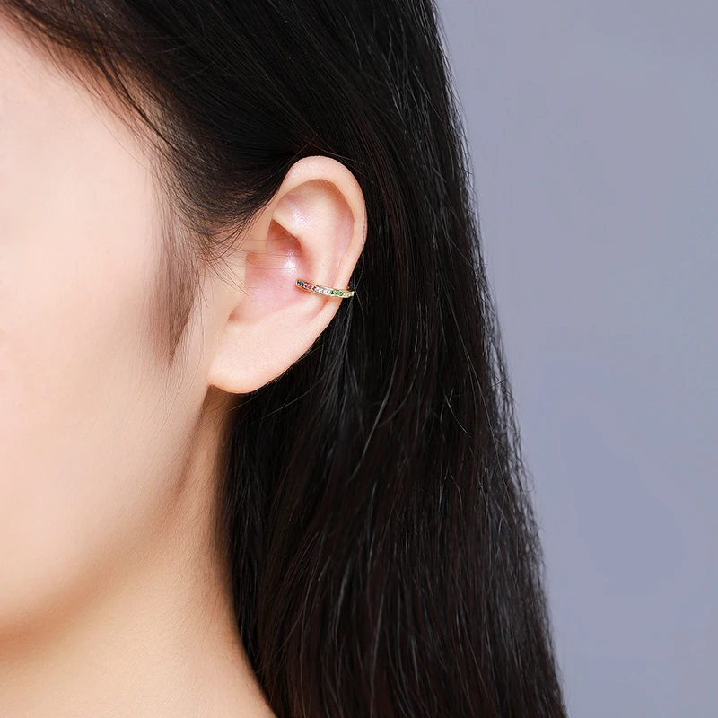 925 Sterling Silver Gold Color Rainbow CZ Circle Clip Earrings For Women Girls Jewelry Ear Cuff Jacket Cartilage Earless Hole | Украшения и