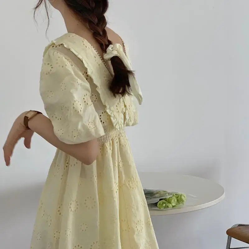 

KUSAHIKI Sweet Embroidery Hollow-out Woman Dress Puff Sleeve Stretch Waist Vestidos Femme 2021 Summer Backless Dresses 6H298