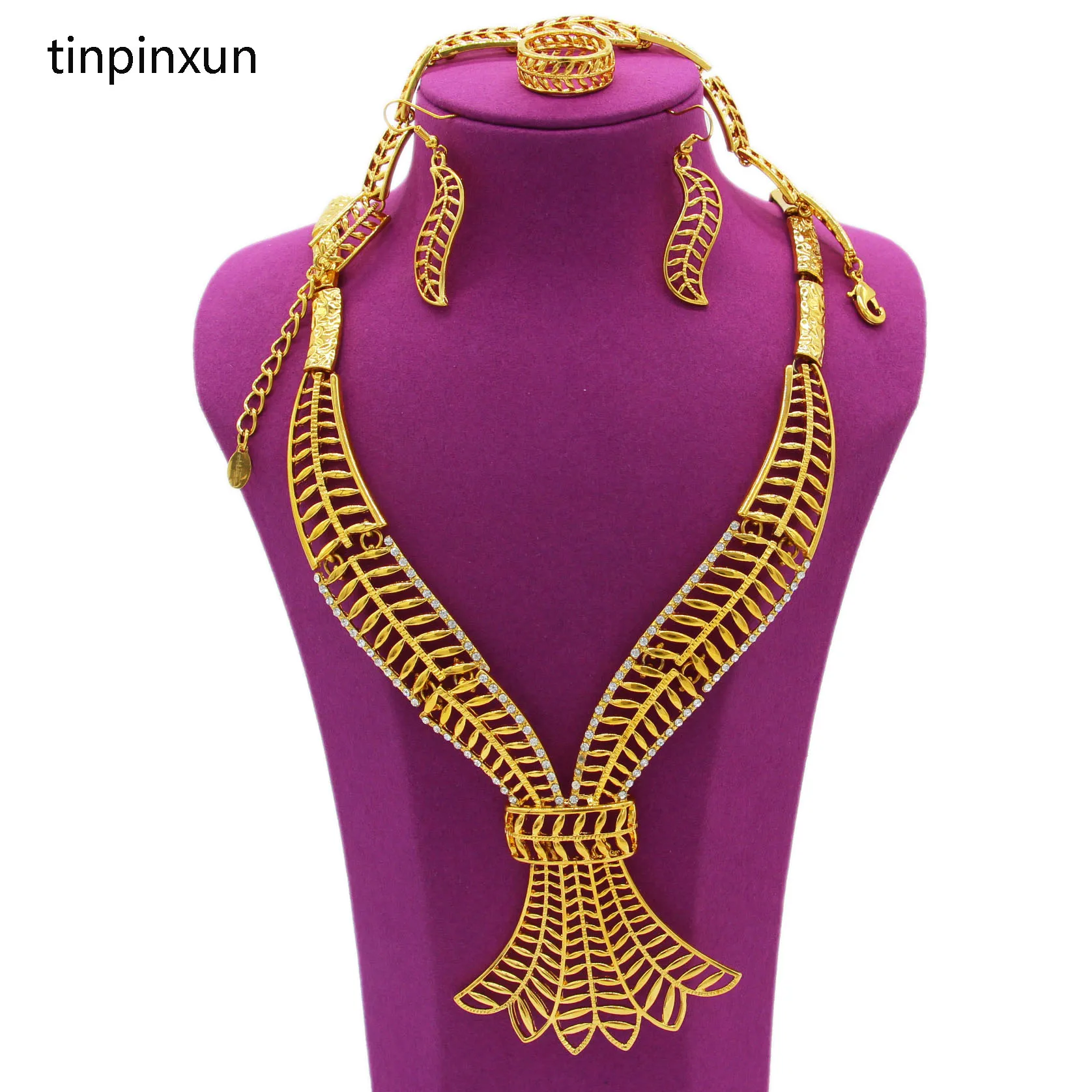 

PINXUN Gold Color Luxury Jewelry Sets For Women Necklace Earrings Bracelet Ring Set African Dubai Bridal Wedding Party Gift YS7