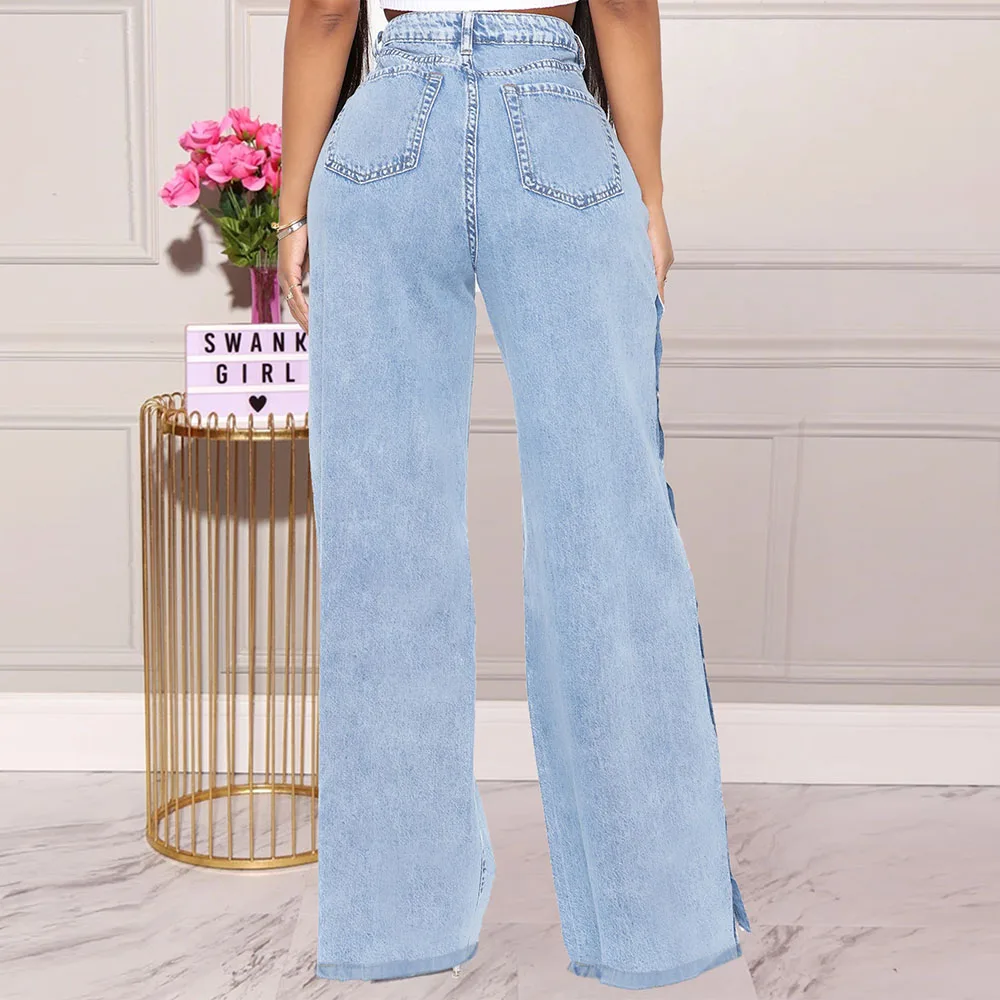 

2021 Autumn New High Waist Wide Leg Bellbottoms Mom Jeans Female Casual Streetwear Fashion Denim Pants Ladies Falre Trousers