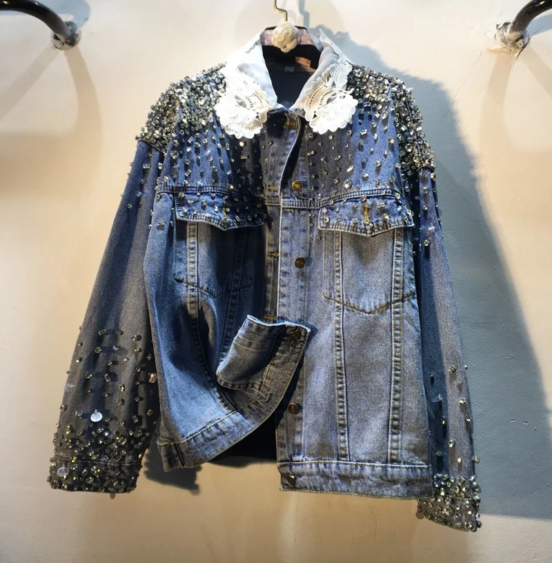 

New Fashion Women Diamond Beading Stitching Lace Collar Loose Denim Jacket Slimming Long Sleeve Blue Top