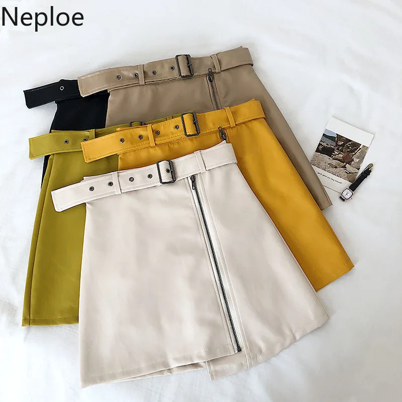 Neploe осень зима диагональная молния необычная кожаная юбка Модная высокая талия