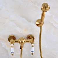 luxury polished gold color brass bathroom hand held shower head faucet set mixer tap dual ceramic handles mna981