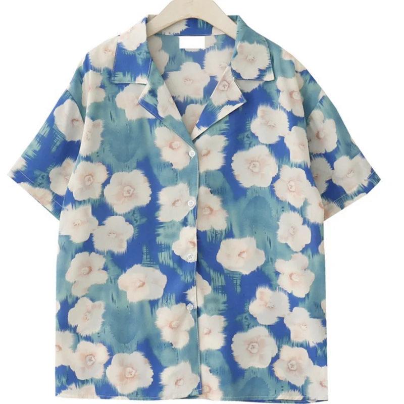 

Summer retro design holiday style oil painting print short-sleeved shirt women loose chiffon top