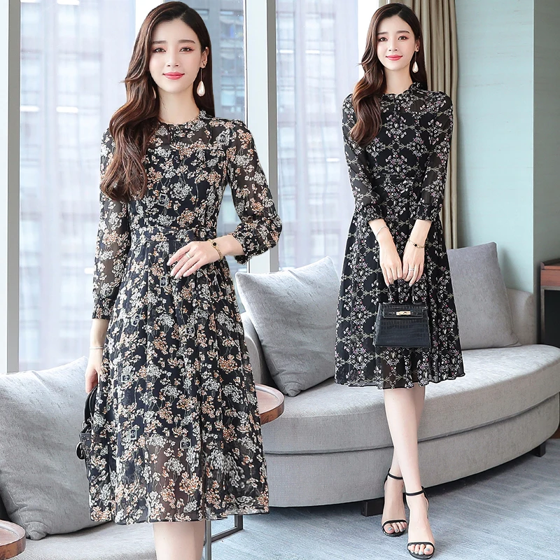 

Floral dress female new spring and autumn temperament Korean mid-length chiffon over-the-knee plus size a-line skirt