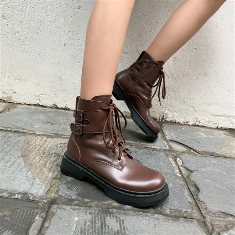 

Winter Women Boots with Side Zipper Lace Up Buckle Flat Heel Genuine Leather Boots Round Toe Platform Shoes Item No.M0009
