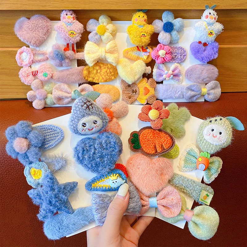 

8PCS/Set Girls Cute Cartoon Duck Flower Plush Hair Clips Children Lovely Hair Decorate Hairpins Headband Kids Hair Accessories