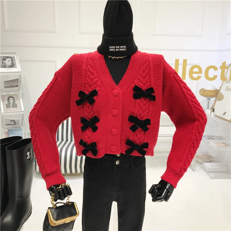 

2021 Winter New Loose Short Knitted Cardigan Three-Dimensional Bow Twist Breasted V-neck Knitting Sweater Coat Women