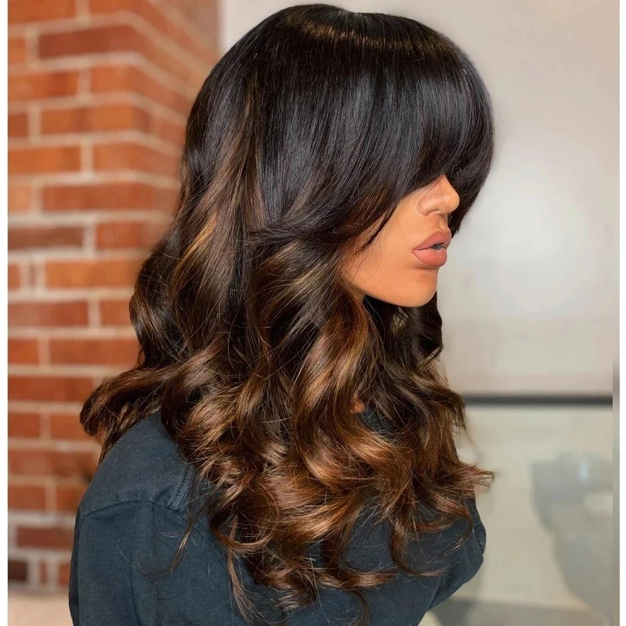 

Fringe Wigs Ombre Dark Brown Body Wave Remy Human Hair 13x6 Lace Front Wig Silk Base Full Lace With Bangs 360 Lace Frontal Wig
