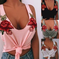 hot sales sexy womens summer low cut rose flower embroidery vest sleeveless tank top