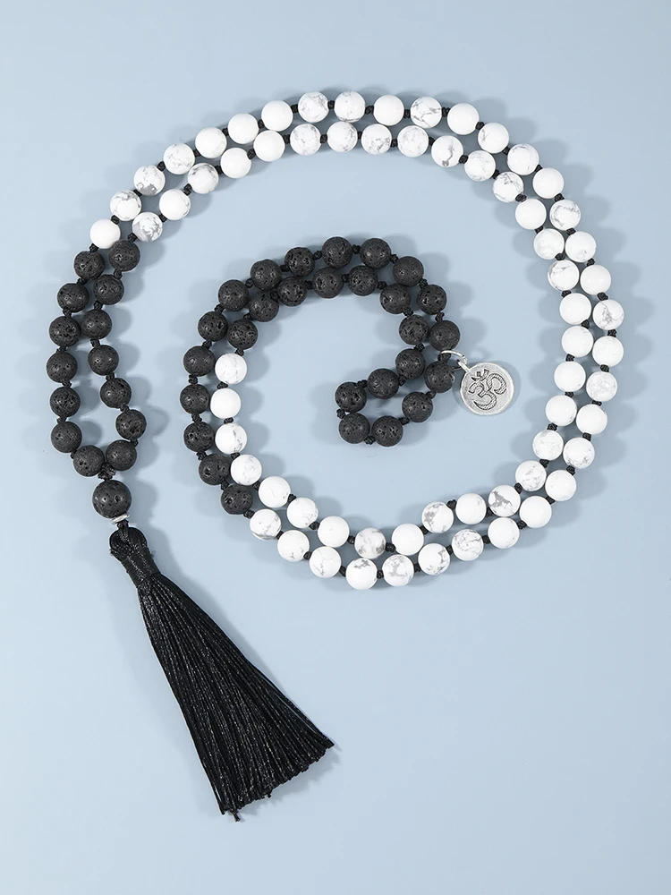 

YUOKIAA Natural Lava Stone White Turquoise Japamala 108 Beaded Necklace Yoga for Men Women Healing Energy Meditation OM Jewelry