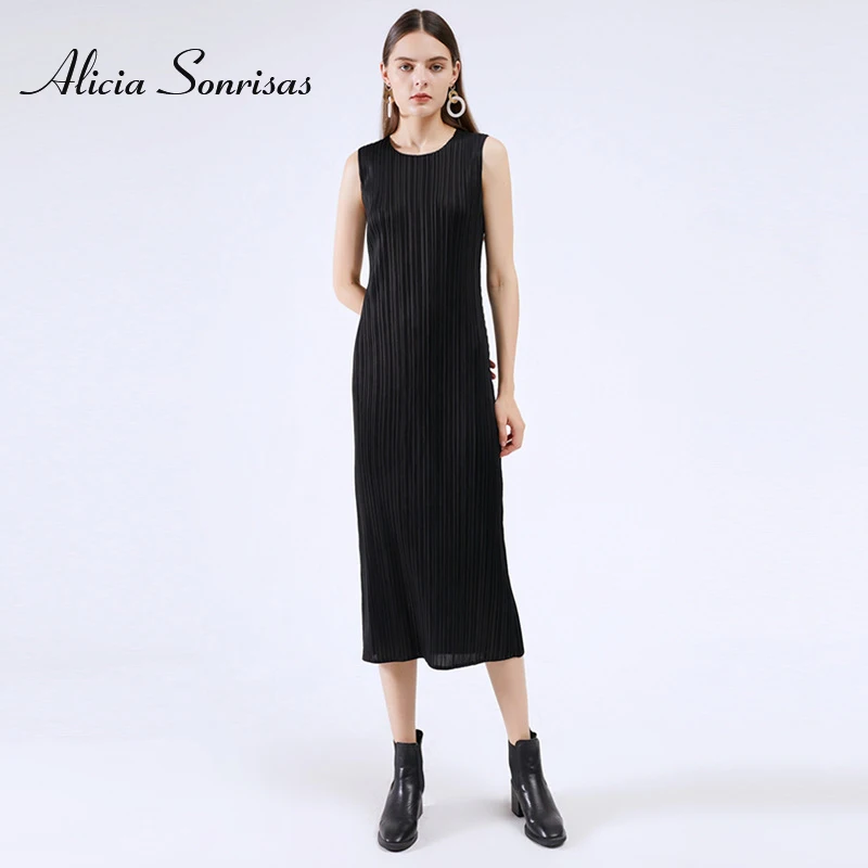 

Женское Плиссированное Платье из полипропилена, элегантное платье средней длины без рукавов с круглым вырезом, весна-лето 2021