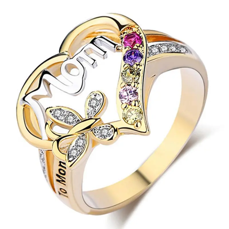 

Luxury Rainbow Crystal Rings for Women Love Heart Butterfly Mom Promise Ring Yellow Gold Color Wedding Jewelry Accessories Gifts