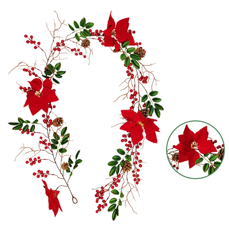 

Новая Рождественская гирлянда из ягод, искусственные цветы, листья, красные ягоды для двери, настенная гирлянда, украшение на Рождество, сва...