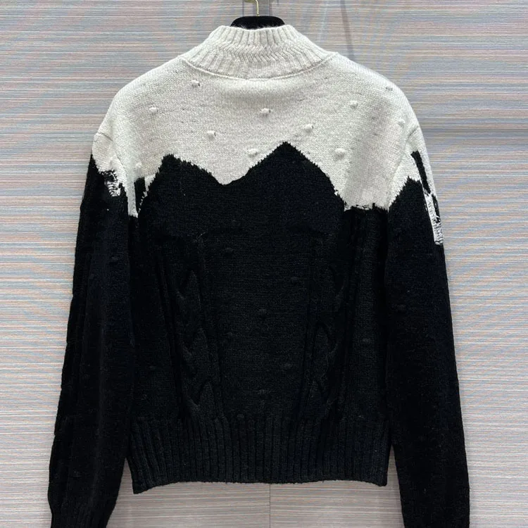 

High-end Cashmere Knitted Pullover Sweaters for Women Chic Black White Contrast Hemp Pattern Pullover Sweaters Lady Winter 2021