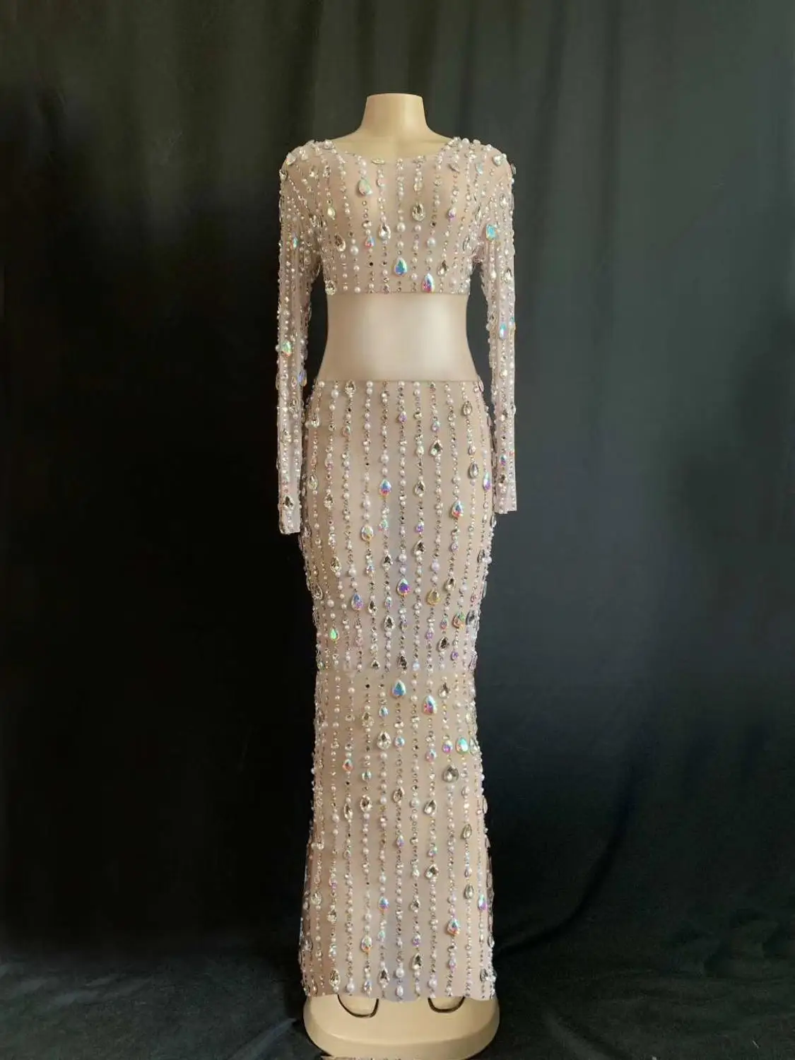 New Fashion Colorful Rhinestones Pearls Long Dress Birthday Celebrate Stretch See Through Perspective Evening Sexy Dresses | Тематическая