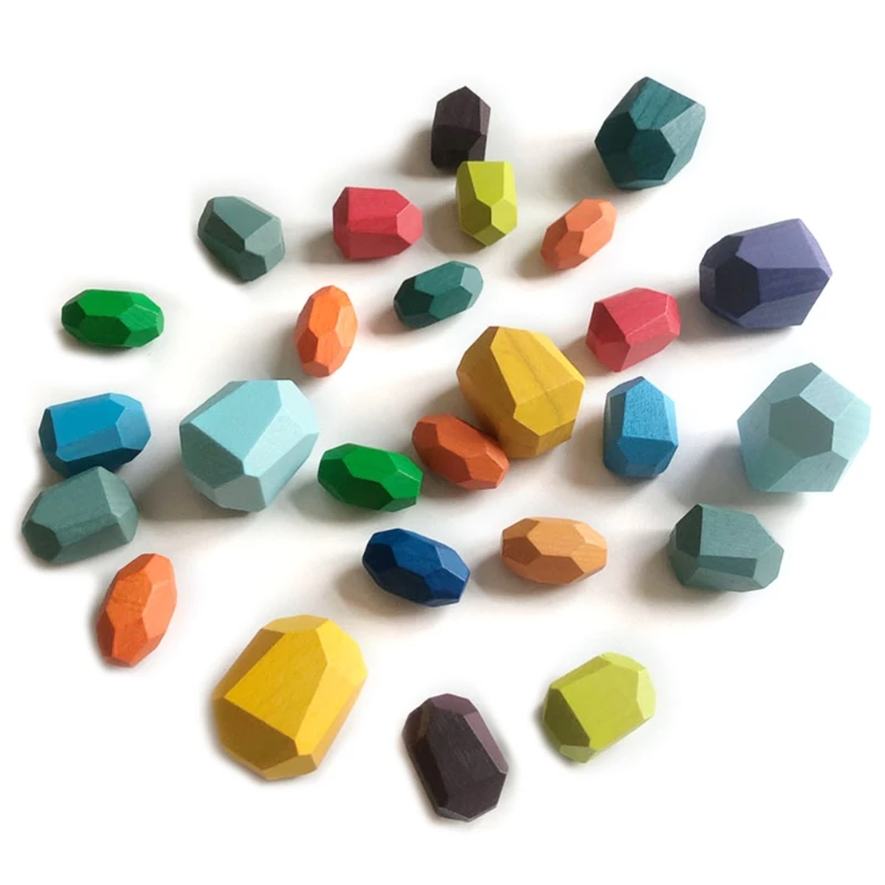 

26 Pcs Children Wooden Colored Stone Stacking Game Building Block Kids Toys Gift Q6PD