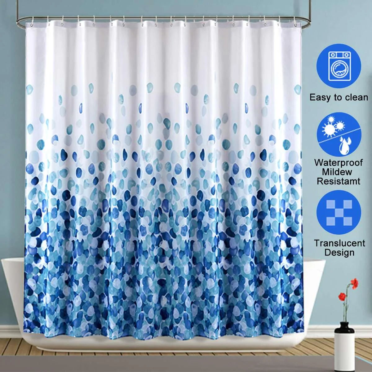 

Blue Flower Shower Curtain Hook Mildew Proof CurtainsTranslucent Home Used Waterproof Mildew Curtain For Bathroom Shower