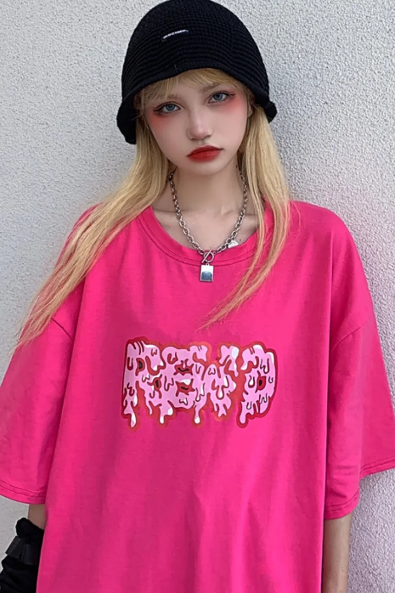 

Purplelano Oversized Tshirt Harajuku Long Loose T Shirt Boyfriend Kawaii Tops Letter Print Mid Sleeve O Neck Vintage Streetwear