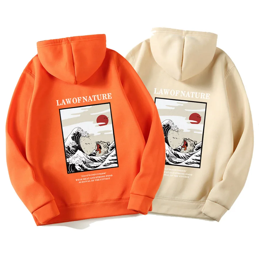 Orange khaki 2 Японский забавный кот волна флисовые толстовки Зимний стиль хип-хоп Мужская/Женская толстовка с принтом повседневные толстовки с принтом уличная одежда - Цвет: Orange khaki 2