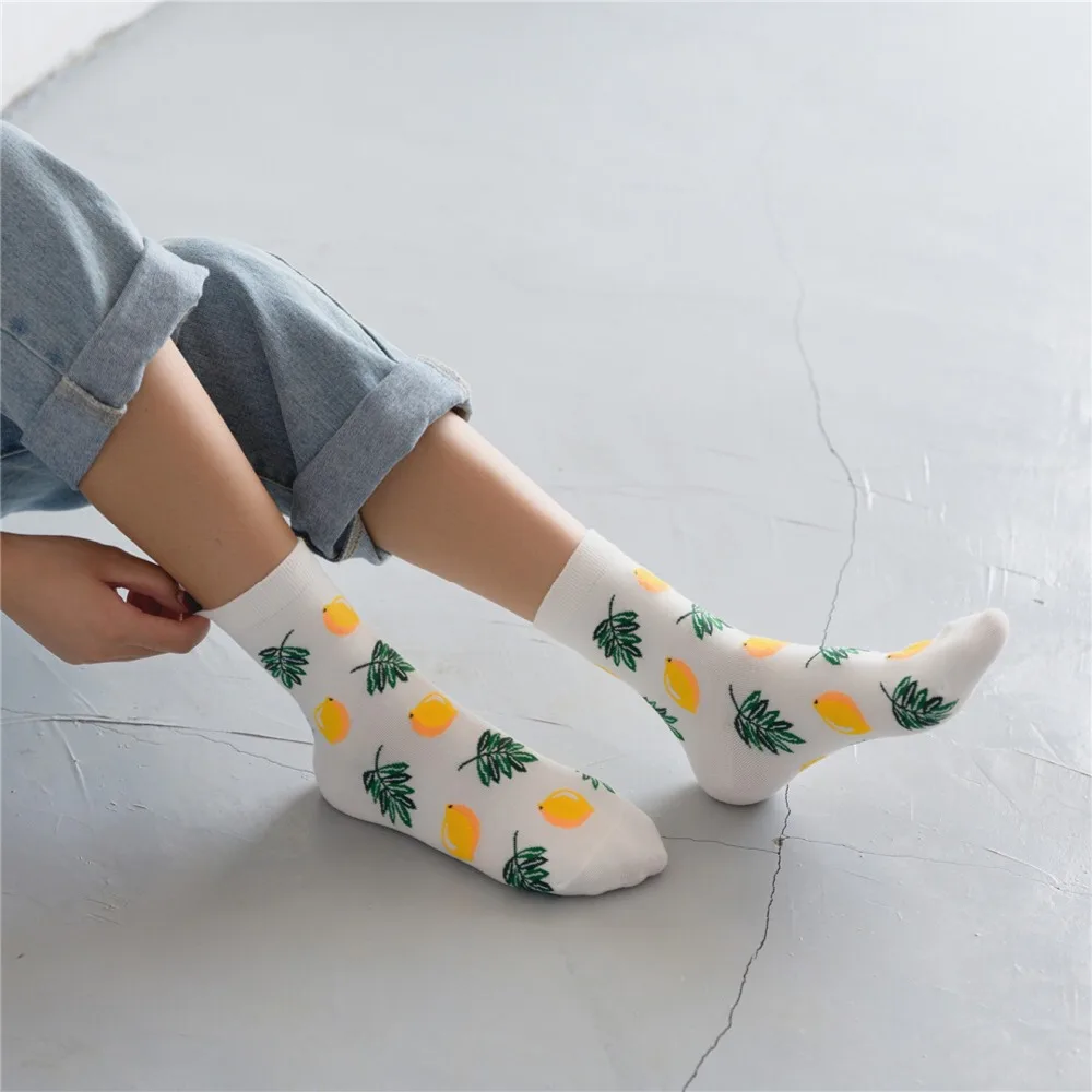 Korean Fresh Fruits Socks Lemon Avocado Pineapple Cherry Blueberry Orange Gardenias Banana Flamingos Plumerias