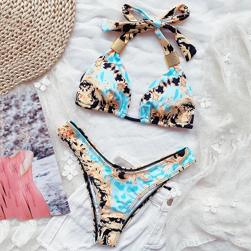 

New Women Bandage Halter Swimsuit Retro Print Swimwear Female Sexy Thong Bikini Two Pieces Bikini Set Bathing Suit Swim Lady