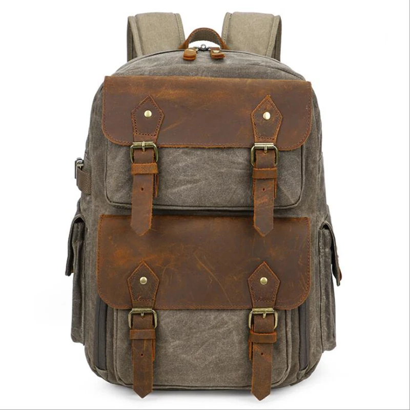 

Batik Canvas Crazy Horse Leather Photography Camera Backpack Tripod Bag Padded Water-resistant Lens Case for Nikon/Canon/Sony