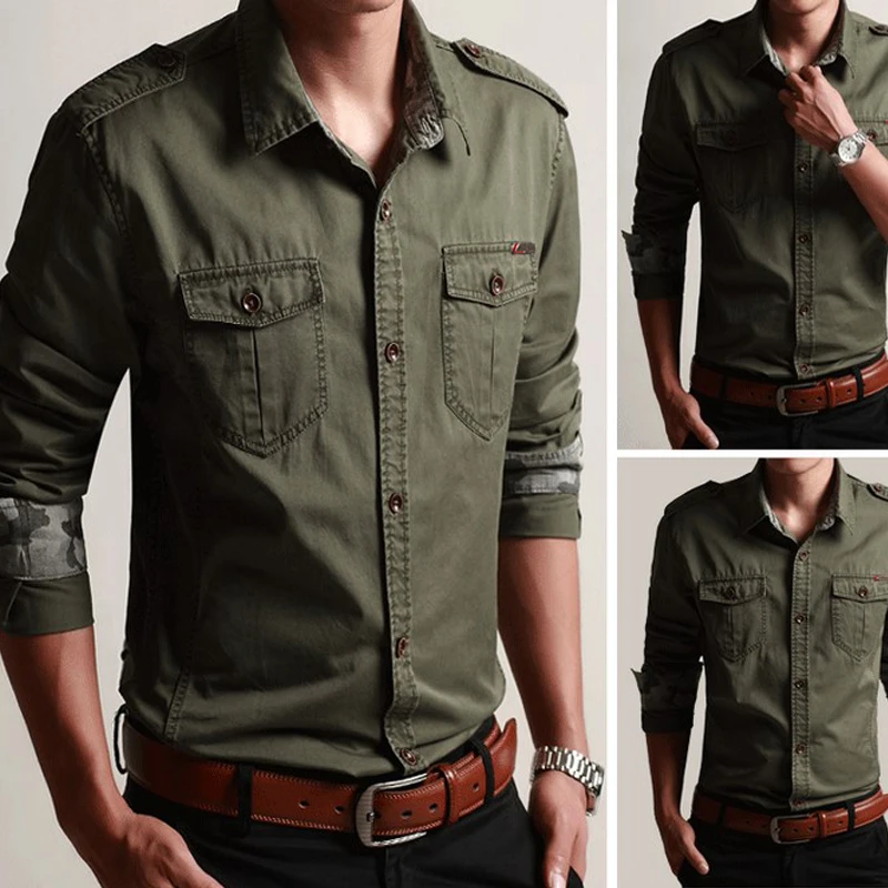 

Men Shirts Cargo 100% Cotton Plus Size Embroidery Badge Casual Long Sleeve Cargo Military Double Pockets shirt