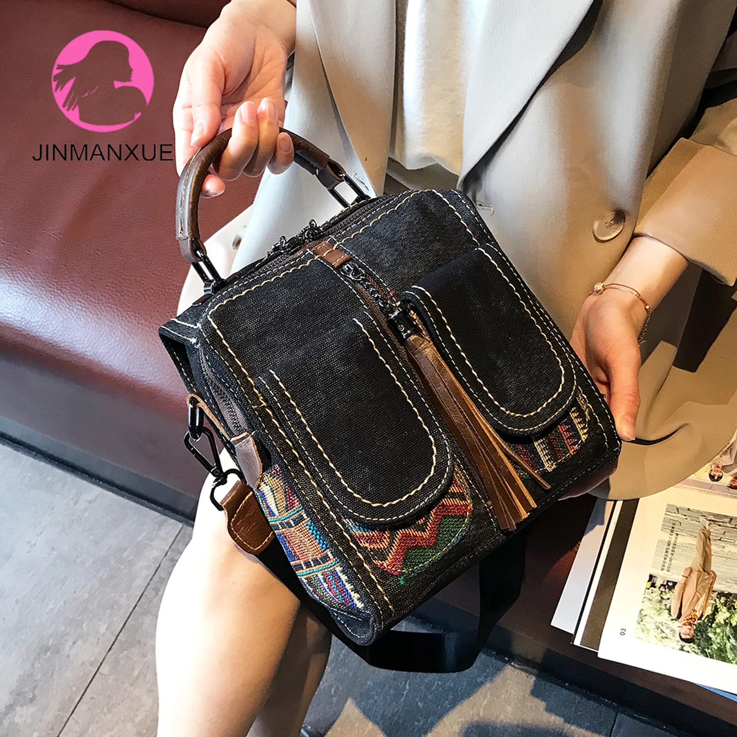 

Модный рюкзак, Повседневная джинсовая сумка, кожаная женская сумка через плечо в этническом стиле с вышивкой, многофункциональная сумка-ме...