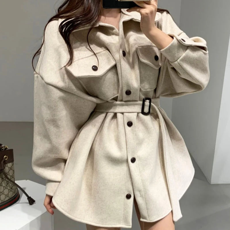 

Women Autumn Winter Lapel Single-Breasted Trend Coat Long Sleeve Woolen Casual Overcoat Fashion Femme Vintage Belted Cloak