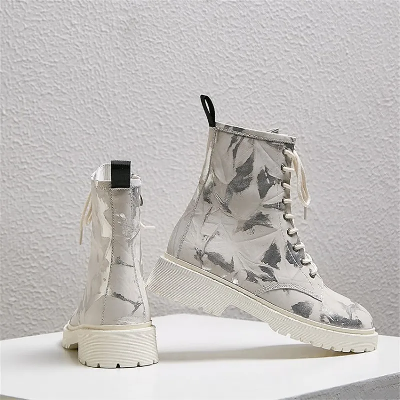 

Fashion Casual Graffiti Women's Ankle Boots Genuine Leather Platform Female Boots Autumn Winter New Laces Handmade Ladies Shoes
