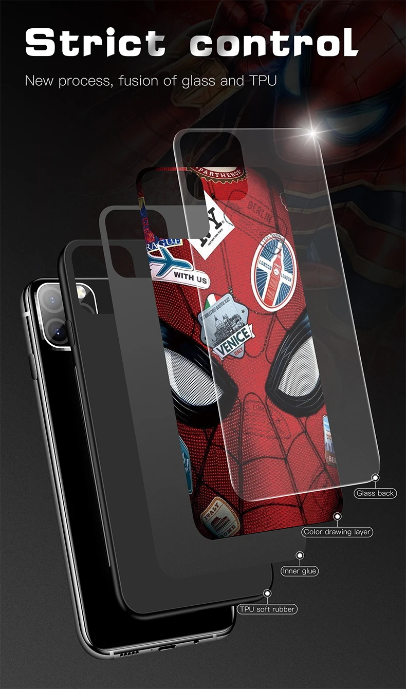 Чехол из закаленного стекла для телефона Marvel с человеком-пауком для iPhone 11 Pro Max XSmax XR XS X 8 7 6s 6 Plus, роскошный защитный чехол