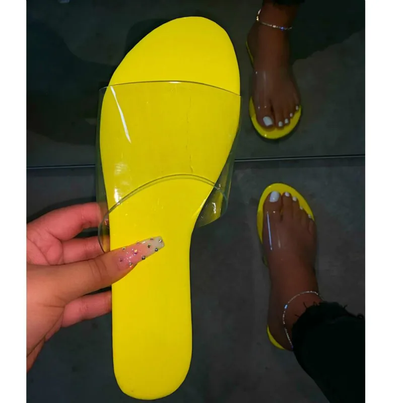 

Sexy Transparent Slip-on Women Summer Slippers Flat with Mixed-color Party Holiday Lady Slides Rubber Sole Basic Female Footwear