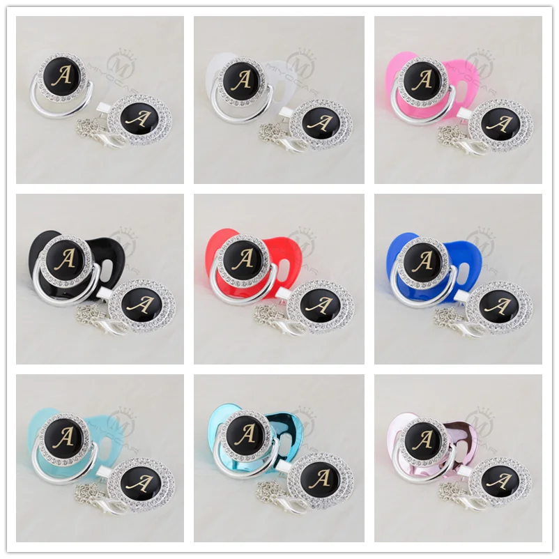 

MIYOCAR silver Initials letter A black bling pacifier and pacifier clip BPA free dummy bling unique cool LA-1-B