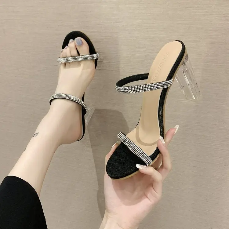 

Women's shoes sandals 2021 summer new rhinestone high-heeled ribbon buckle mid-heel shoes plus size 35-42
